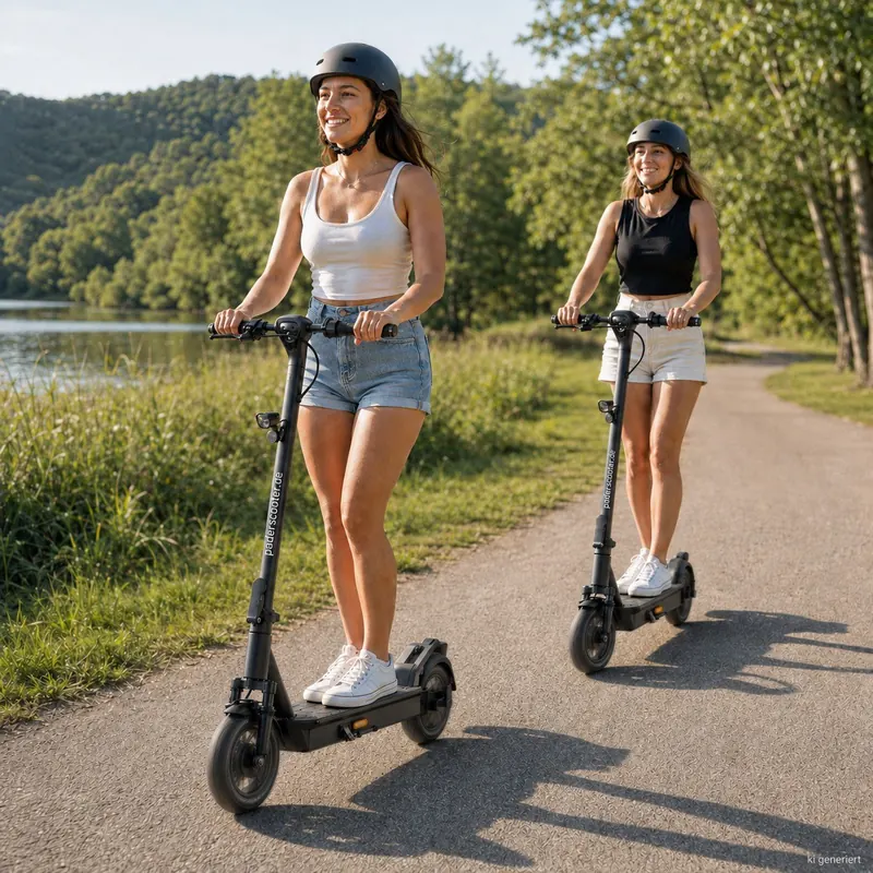 Zwei Frauen mit Helmen auf E-Scootern an einem See