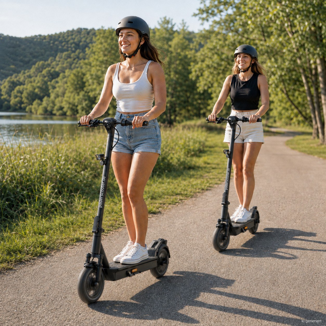 Zwei Frauen mit Helmen auf E-Scootern an einem See