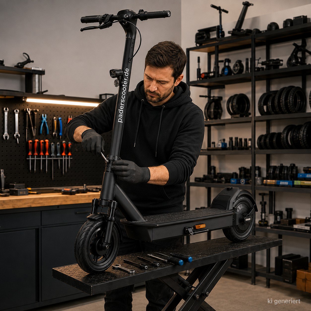 Mechaniker bei der Wartung eines E-Scooters in einer Werkstatt